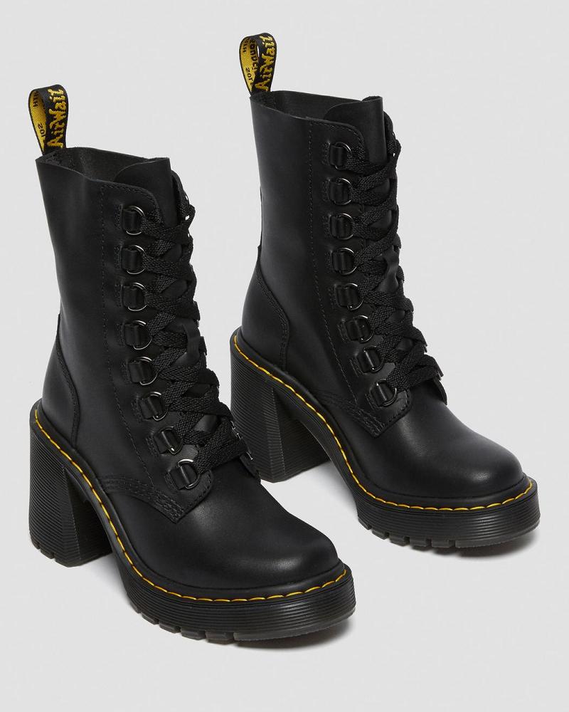 Botas de Tacon Dr Martens Chesney Cuero Flared Heel Mujer Negros | MX 632TCE